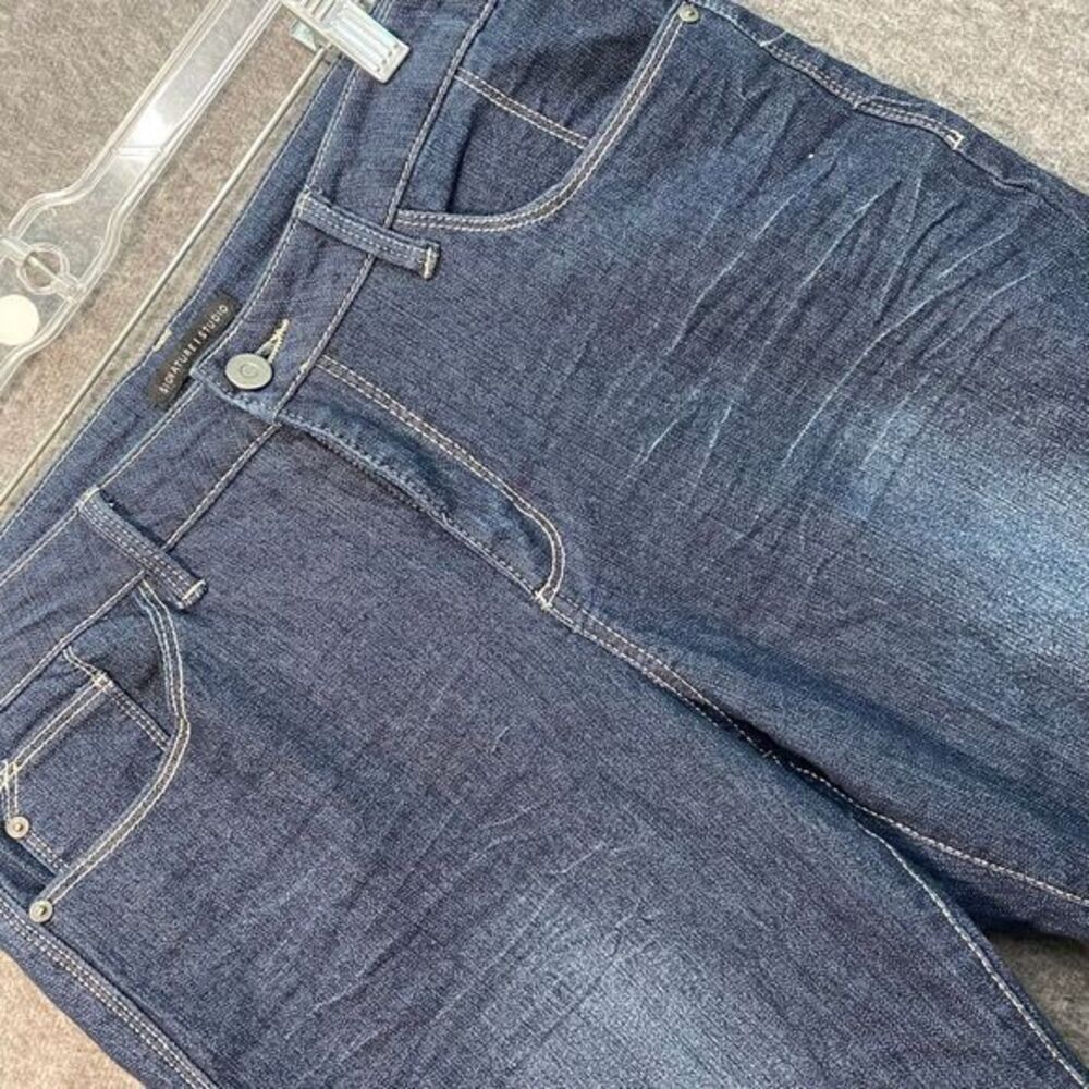 Signature Studio Women's 14 Dark Blue Faded‎ Denim Cropped Curved Slit Hem